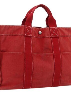 HERMES Deauville MM Hand Bag Canvas Red Auth ti3706